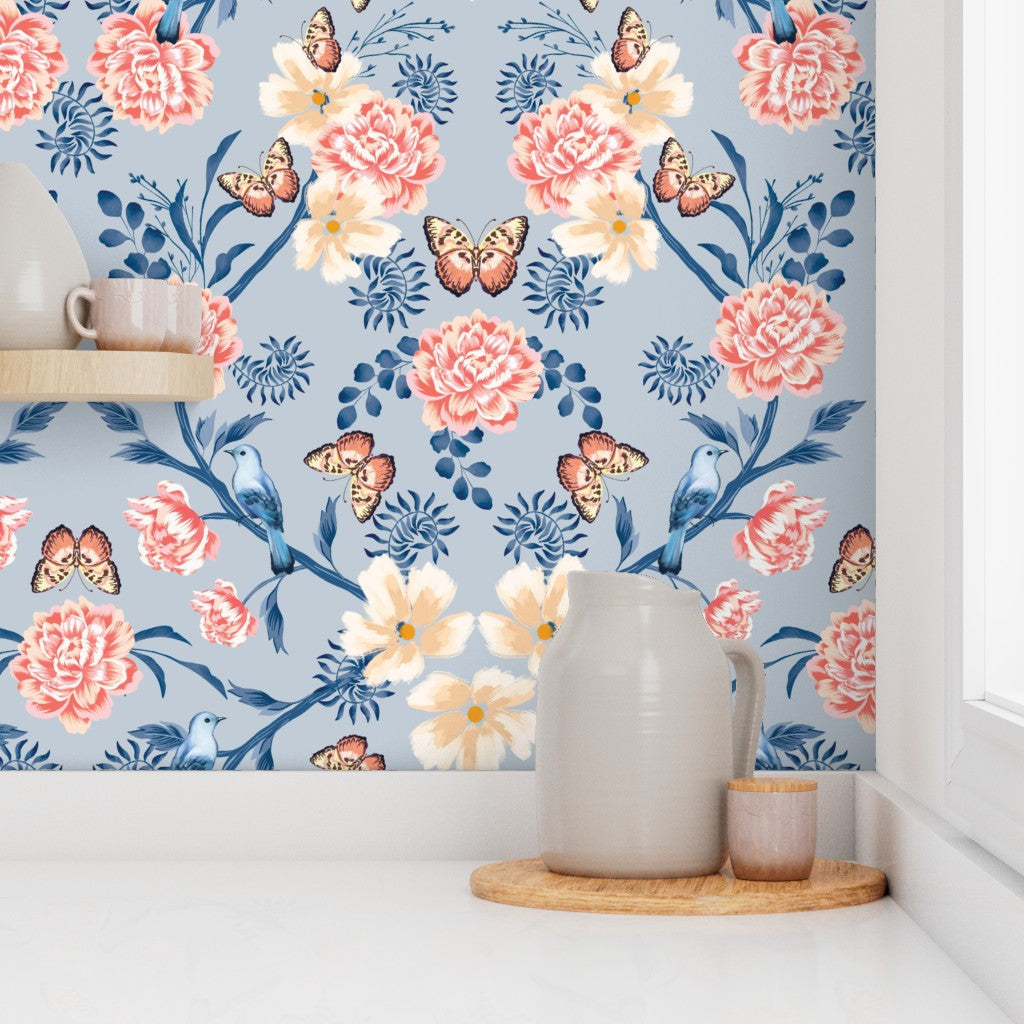 Floral Frenzy Wallpaper - Bluebird